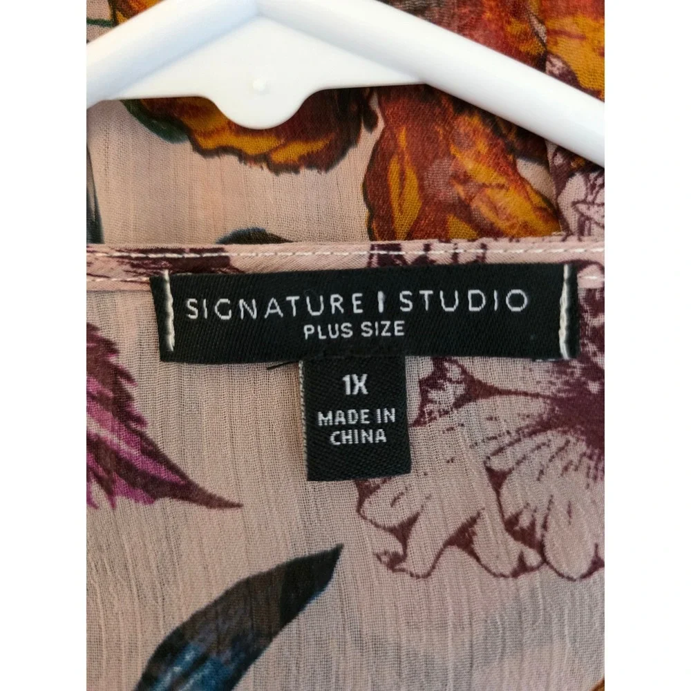 Signature Studio Plus Size 1X Floral Stripe Kimono Crochet Trim Cardigan - Picture 9 of 13